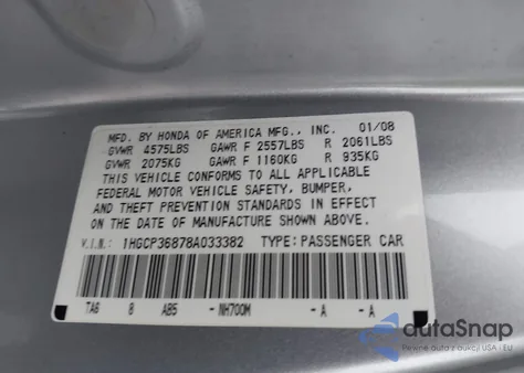 2008 Honda Accord 3.5 Ex-L z USA, uszkodzony, nr VIN 1HGCP36878A033382